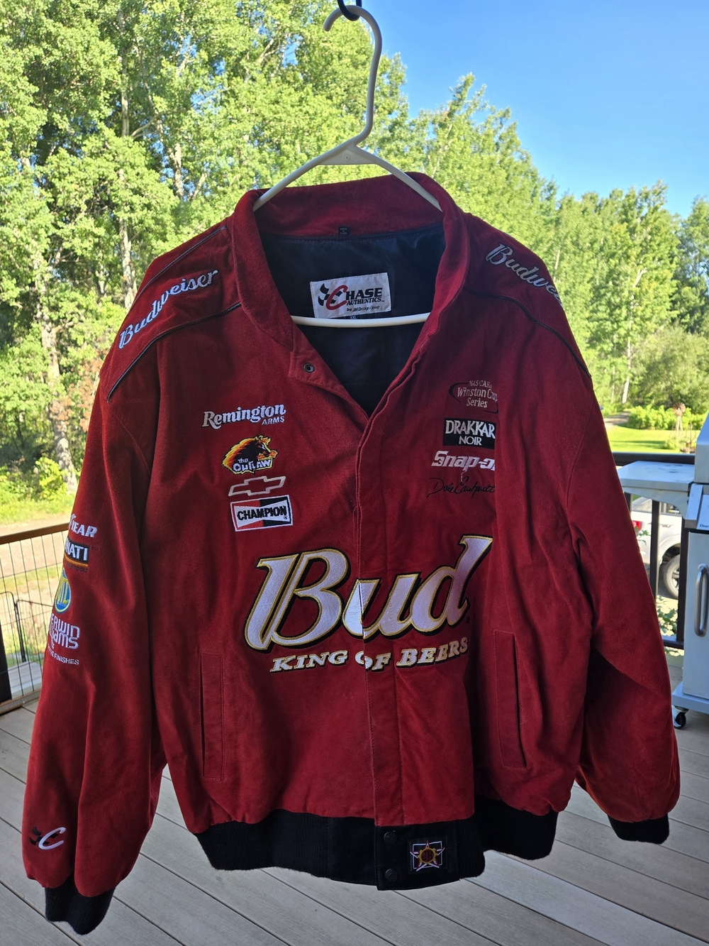 Budweiser Red Suede Racing Bomber Jacket with Embroidered Patches